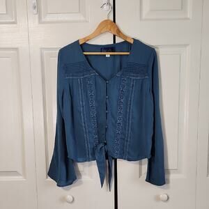 Blue Rain Womens Button Front Top Size Med Embroidered Bell Sleeves Boho Y2K